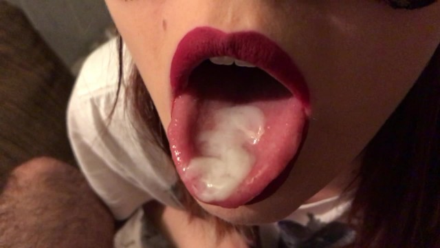Red Lipstick Closeup Blowjob, Cum On Tongue And Swallow