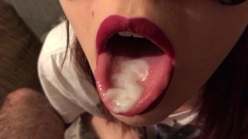 Red Lipstick Closeup Blowjob, Cum On Tongue And Swallow